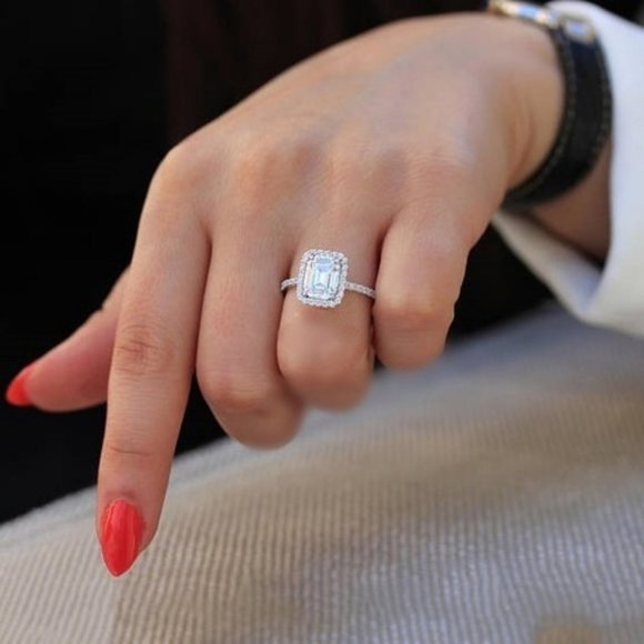 *NEW 925 Silver Diamond Halo Emerald Cut Ring - Picture 4 of 5